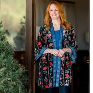 The Pioneer Woman Cardigan Size L/XL Printed Velvet Ruana Open Front Longline